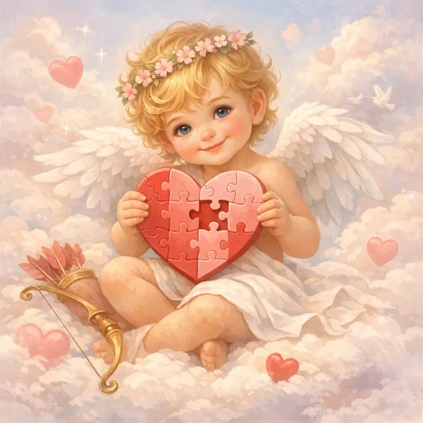 Enjoy an online jigsaw puzzle designed for browser play, featuring a sweet cherubic angel holding a heart-shaped puzzle—perfect for lovers of romantic art and w