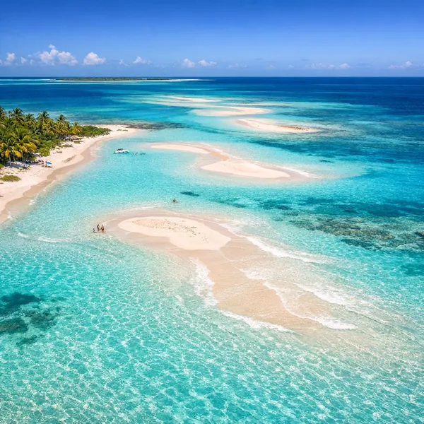 Enjoy an online jigsaw puzzle designed for browser play, featuring a sunlit tropical beach and a sweeping turquoise seascape.