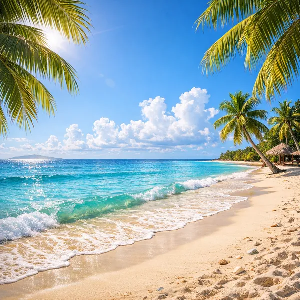 Enjoy an online jigsaw puzzle designed for browser play, featuring a sunlit tropical beach scene full of palms and sparkling turquoise water.