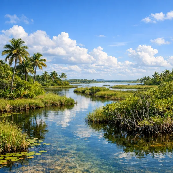 Enjoy an online jigsaw puzzle designed for browser play, featuring a sunlit tropical wetlands scene rich in nature.