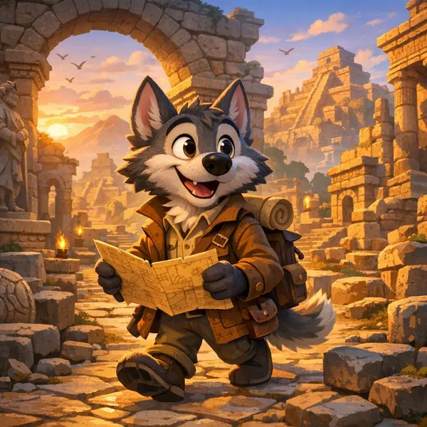 This online jigsaw puzzle features a charming animal adventure scene you can play right in your browser, centered on a cheerful wolf explorer in ancient ruins.