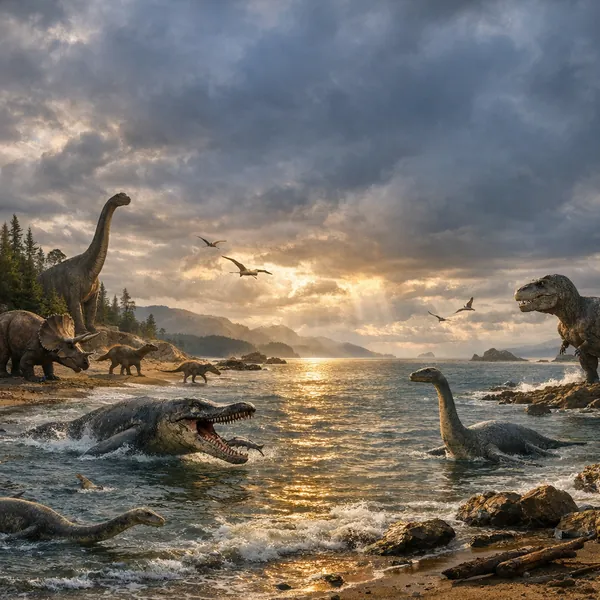 Enjoy an online jigsaw puzzle designed for browser play, featuring a dramatic prehistoric seashore alive with dinosaurs and coastal nature.