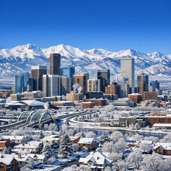 Enjoy an online jigsaw puzzle designed for browser play, featuring a snowy cityscape where downtown skyscrapers rise against a backdrop of majestic, snow-capped