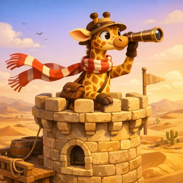 Play an online jigsaw puzzle in your browser that shows a whimsical animal scene featuring a curious giraffe on a lookout tower.