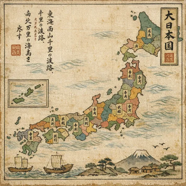 Enjoy an online jigsaw puzzle designed for browser play, featuring a vintage map of Japan that blends cartography and traditional art.