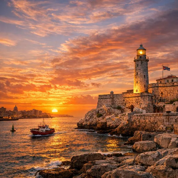 Enjoy an online jigsaw puzzle designed for browser play, featuring a glowing lighthouse standing over a rocky coastline at sunset.