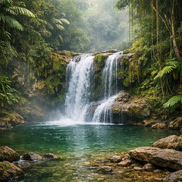 Enjoy an online jigsaw puzzle designed for browser play, featuring a lush nature scene centered on a serene waterfall.