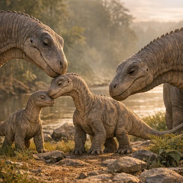 Enjoy an online jigsaw puzzle designed for browser play, featuring a tender family of dinosaurs set in a natural riverside scene — a gentle mix of animals and n