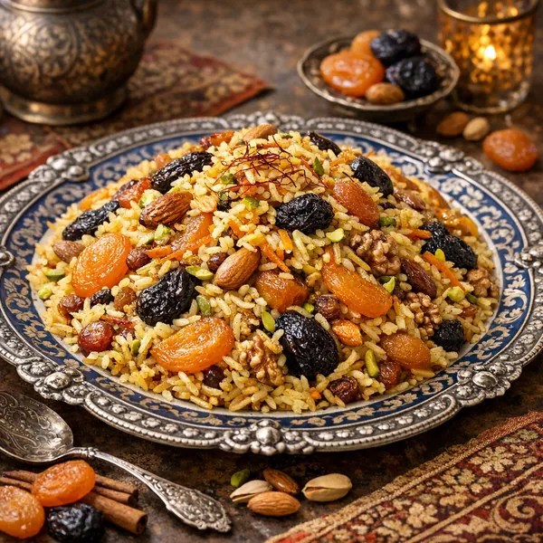 Enjoy an online jigsaw puzzle designed for browser play, featuring a sumptuous plate of festive rice studded with dried fruits and nuts — a delicious food-theme