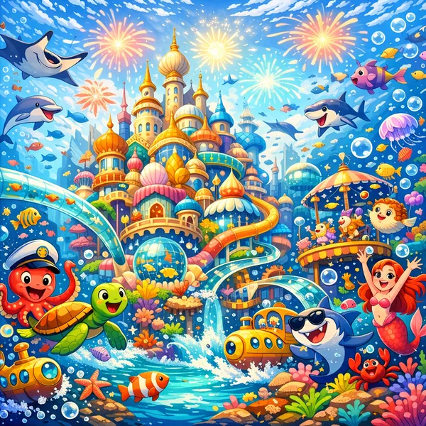 Enjoy an online jigsaw puzzle designed for browser play, featuring a vibrant underwater fantasy teeming with friendly sea creatures and a whimsical coral citysc