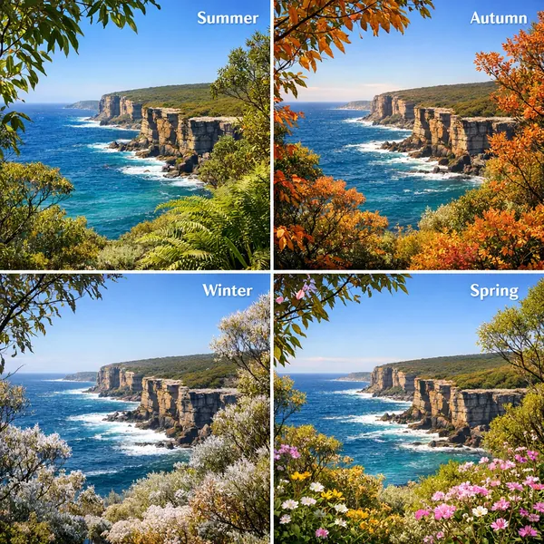 Enjoy an online jigsaw puzzle designed for browser play, featuring a dramatic coastal landscape that shifts through the four seasons.