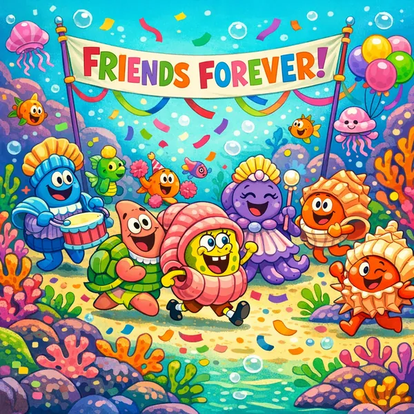 Enjoy an online jigsaw puzzle designed for browser play, featuring a cheerful underwater scene of playful sea creatures celebrating friendship.