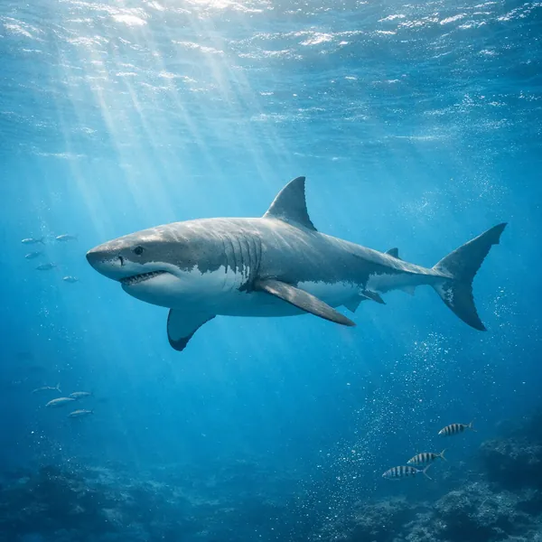 Enjoy an online jigsaw puzzle designed for browser play, featuring a majestic great white shark gliding through clear blue ocean waters — a nature and marine li