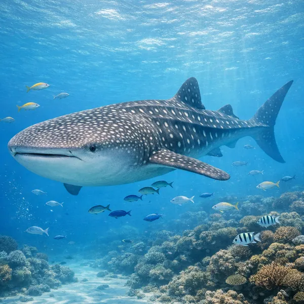 Enjoy an online jigsaw puzzle designed for browser play, featuring a serene underwater scene with a majestic whale shark gliding above a colorful coral reef.