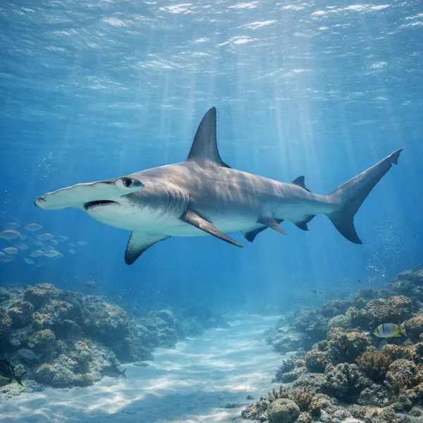 This online jigsaw puzzle features a graceful hammerhead shark gliding through a sunlit marine scene, perfect for lovers of ocean and nature imagery.