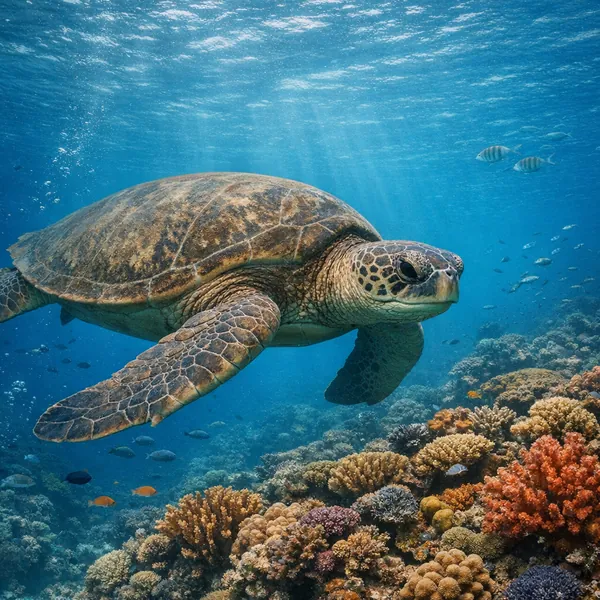Enjoy an online jigsaw puzzle designed for browser play, featuring a graceful sea turtle gliding over a vibrant coral reef — a soothing underwater nature scene.