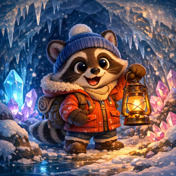 Enjoy an online jigsaw puzzle designed for browser play, featuring a charming winter animal scene centered on an adorable raccoon explorer.