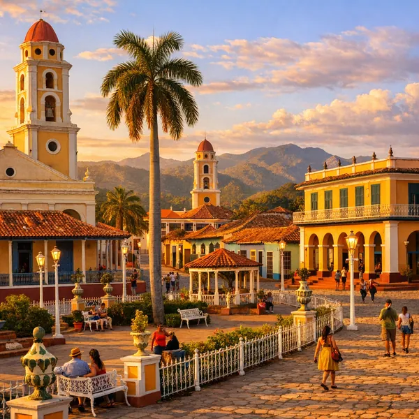 Play an online jigsaw puzzle in your browser that shows a sunlit colonial town square full of colorful buildings, church towers, and palm trees — a delightful s