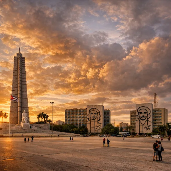Enjoy an online jigsaw puzzle designed for browser play, featuring a wide city square at golden hour with striking monuments and large mural portraits on tall b