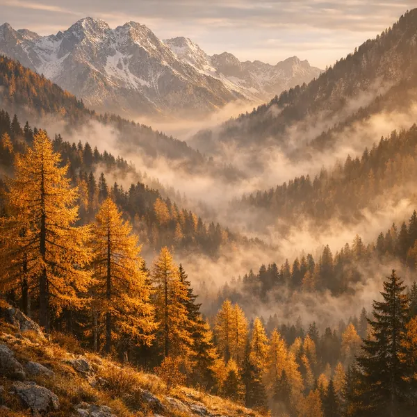 Enjoy an online jigsaw puzzle designed for browser play, featuring a misty mountain landscape and golden autumn forest.