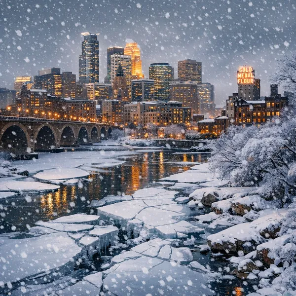 Enjoy an online jigsaw puzzle designed for browser play, featuring a snowy cityscape at dusk with a glowing skyline and a historic stone bridge.