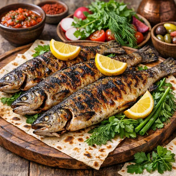 Enjoy an online jigsaw puzzle designed for browser play, featuring a mouthwatering food scene of grilled whole fish served on a rustic wooden board.