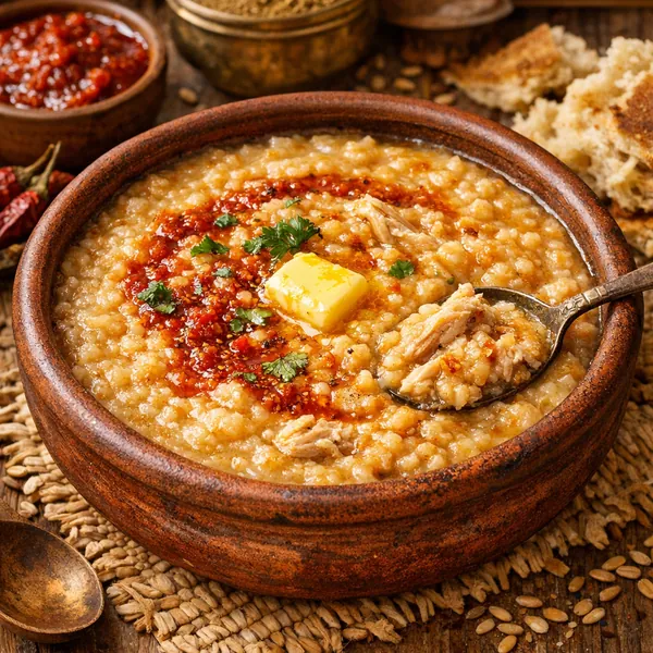 Enjoy an online jigsaw puzzle designed for browser play, featuring a warm, comforting food scene of a rustic bowl of porridge topped with melting butter and chi