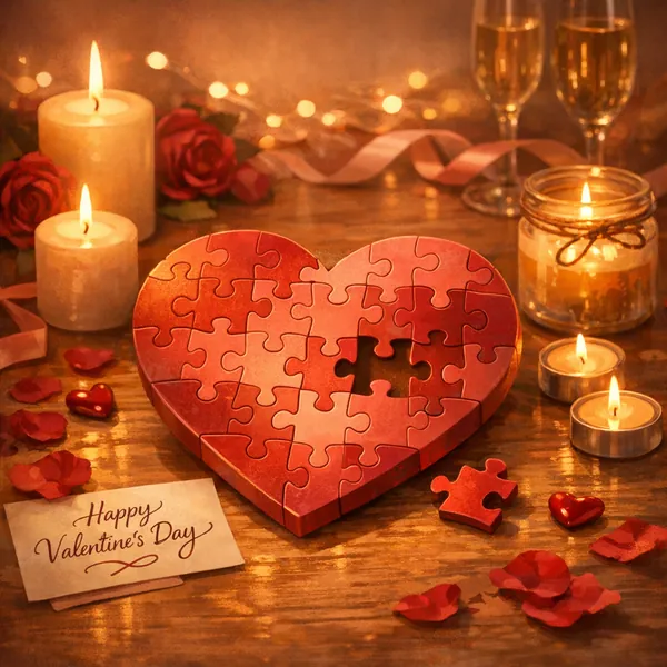 This online jigsaw puzzle features a romantic Valentine’s Day scene perfect for browser play, centered on a heart-shaped puzzle and a cozy, candlelit setting.