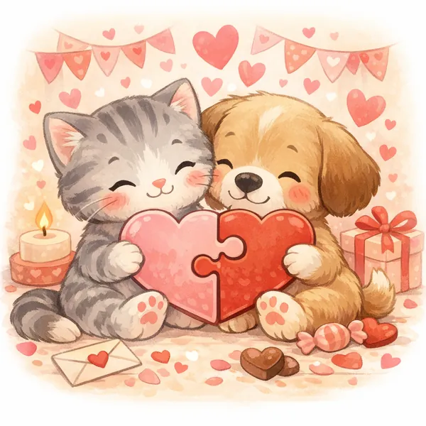 Enjoy an online jigsaw puzzle designed for browser play, featuring an adorable animals and Valentine theme that's perfect for a cozy moment.