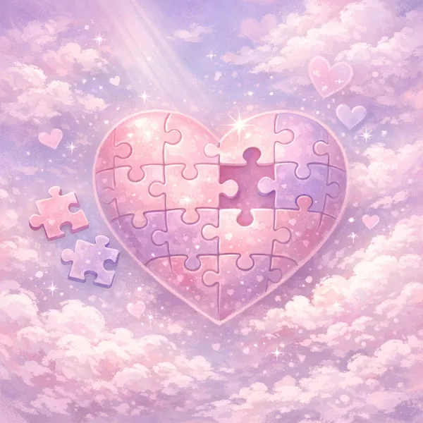 Enjoy an online jigsaw puzzle designed for browser play, featuring a dreamy, heart-shaped puzzle floating among cottony clouds.