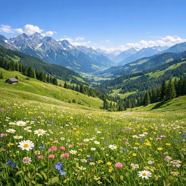 This online jigsaw puzzle features a sunlit alpine meadow bursting with wildflowers and sweeping mountain views, perfect for nature lovers to play in the browse