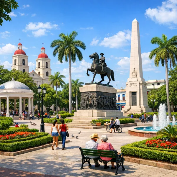 Enjoy an online jigsaw puzzle designed for browser play, featuring a sunny city plaza scene rich with architecture and greenery.