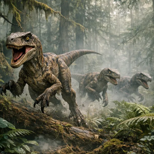 Enjoy an online jigsaw puzzle designed for browser play, featuring a dramatic scene of dinosaurs in a misty forest.
