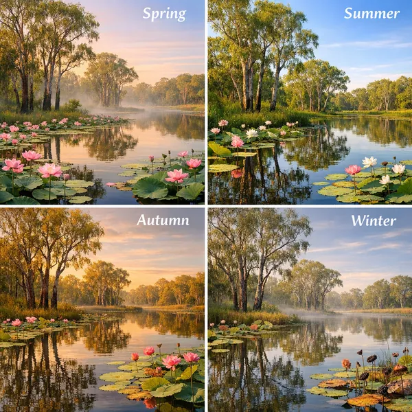 Enjoy an online jigsaw puzzle designed for browser play, featuring a serene nature scene that celebrates the four seasons.