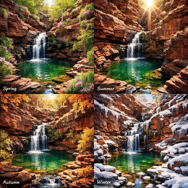 Play an online jigsaw puzzle in your browser that shows a peaceful natural landscape — a sunlit waterfall pool portrayed across the four seasons.