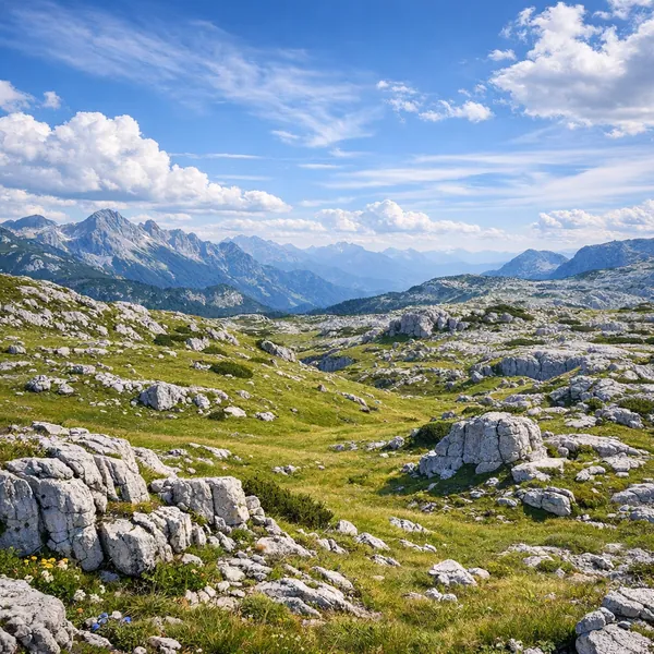 Enjoy an online jigsaw puzzle designed for browser play, featuring a sweeping mountain landscape and alpine meadow.