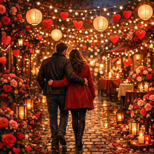 Enjoy an online jigsaw puzzle designed for browser play, featuring a romantic street scene filled with twinkling lights and floral decorations.