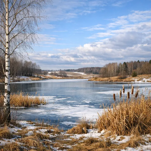 Enjoy an online jigsaw puzzle designed for browser play, featuring a tranquil winter nature scene with a partially frozen lake framed by birch trees and golden