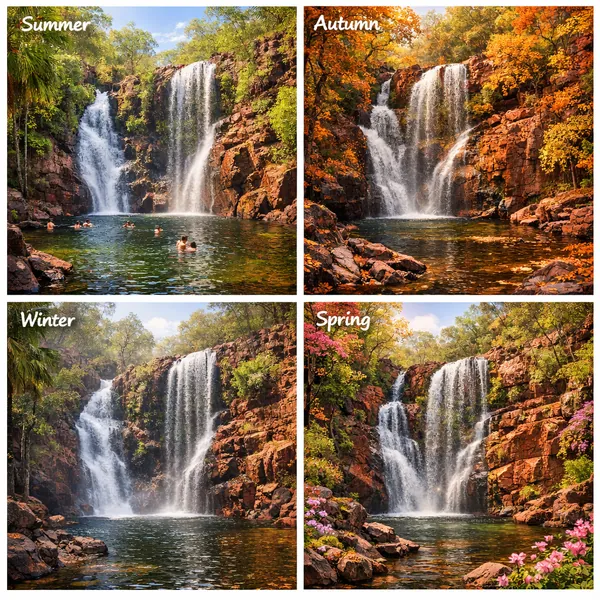 Enjoy an online jigsaw puzzle designed for browser play, featuring a serene nature scene that showcases a cascading waterfall across the four seasons.
