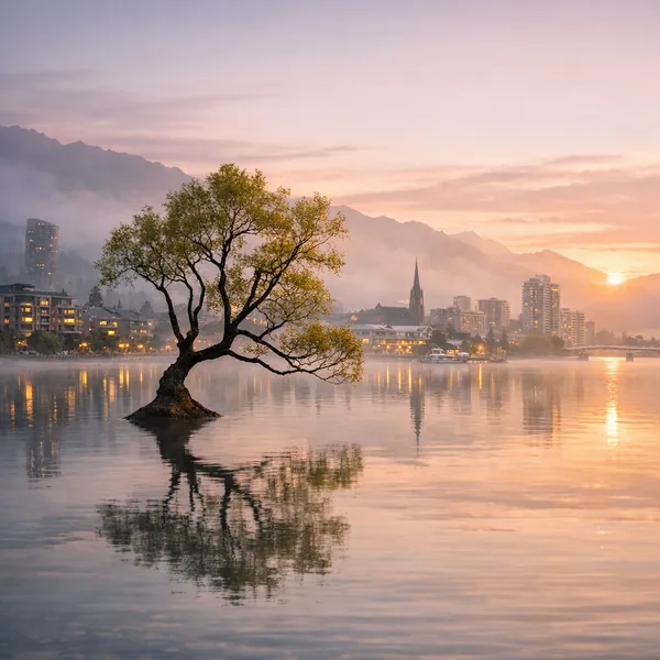 Enjoy an online jigsaw puzzle designed for browser play, featuring a serene lakeside scene that blends nature with a quaint city skyline.