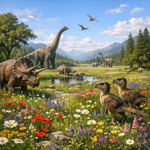 Enjoy an online jigsaw puzzle designed for browser play, featuring a vivid prehistoric scene of dinosaurs and wildflowers.