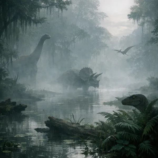 Enjoy an online jigsaw puzzle designed for browser play, featuring a misty prehistoric scene of dinosaurs in a swamp.