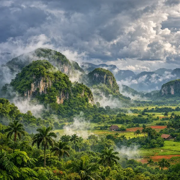 Enjoy an online jigsaw puzzle designed for browser play, featuring a misty tropical landscape of karst hills and lush greenery.