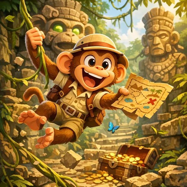 Enjoy an online jigsaw puzzle designed for browser play, featuring a playful jungle adventure centered on an adorable monkey explorer.