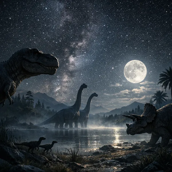 Enjoy an online jigsaw puzzle designed for browser play, featuring a dramatic prehistoric scene where dinosaurs roam beneath a star-filled sky.