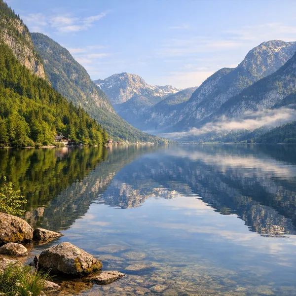 Enjoy an online jigsaw puzzle designed for browser play, featuring a serene mountain-lake nature scene.
