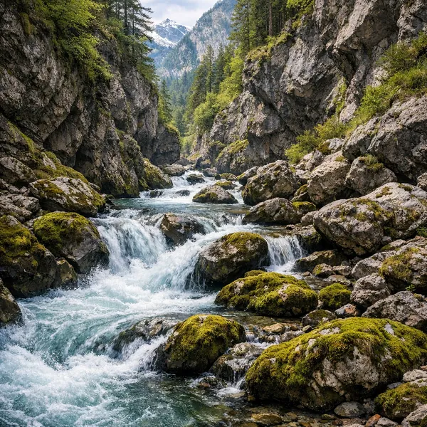 Enjoy an online jigsaw puzzle designed for browser play, featuring a serene nature scene of a rushing mountain stream winding through a rocky gorge.
