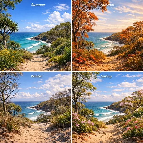 Enjoy an online jigsaw puzzle designed for browser play, featuring a coastal nature scene that shifts through the four seasons.