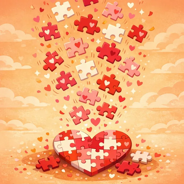 Enjoy an online jigsaw puzzle designed for browser play, featuring a heart-shaped collage of red, pink, and cream puzzle pieces that celebrate love and warmth.