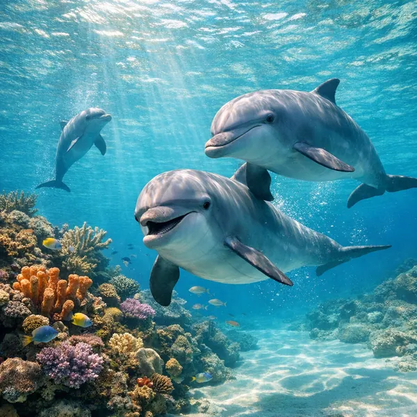 Enjoy an online jigsaw puzzle designed for browser play, featuring playful dolphins swimming above a colorful coral reef in a sunlit underwater scene.